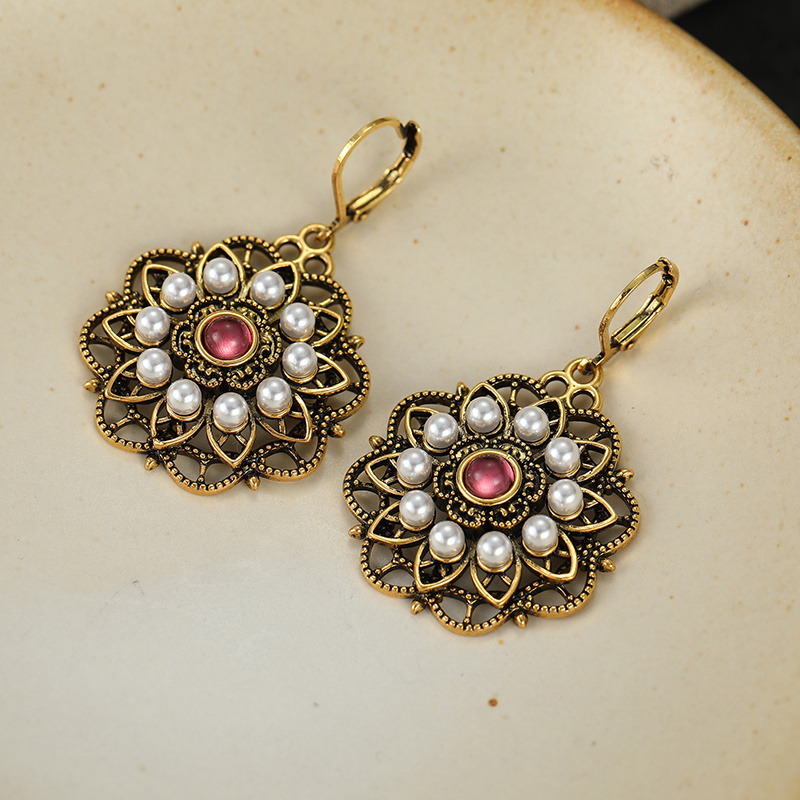Women's Vintage Floral Hook Dangle Earrings with Imitation Pearl, Wedding Gift